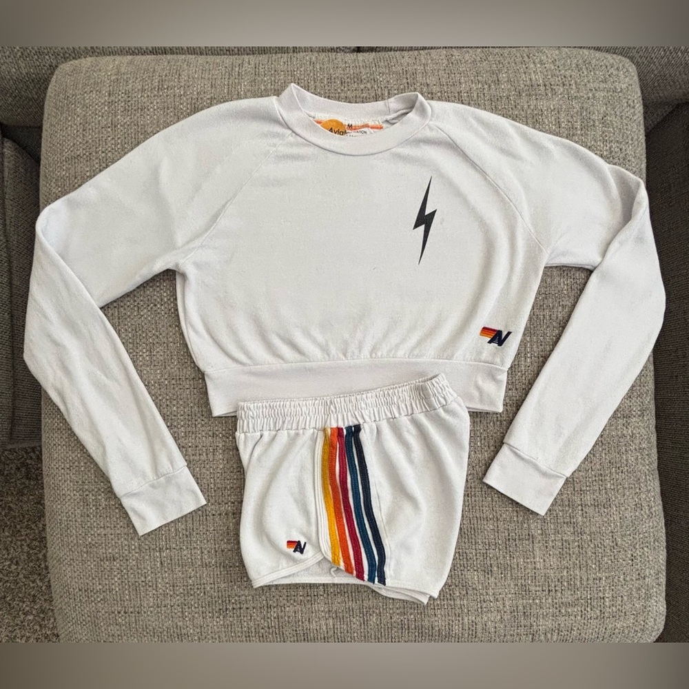 Aviator Nation 🌈 White Bolt Crop Sweatshirt + Rainbow Stripe Shorts Size Medium